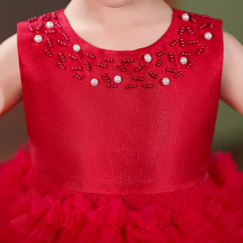 Vestido escalonado de satén para niña, traje de princesa con flores, color blanco, Rosa y Rojo, ideal para fiesta de cumpleaños y boda, Verano