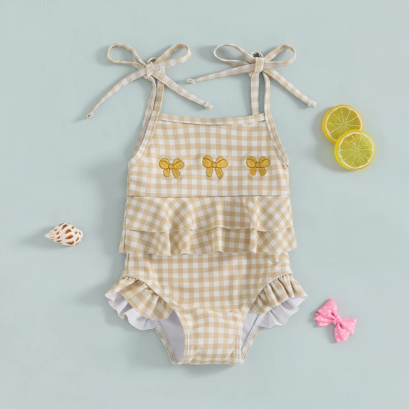 Baby Girl Embroidery Bow Plaid Swimsuit 1Piece Spaghetti Straps Swimwear Summer Ruffle Toddler Bathing Suit Beach Outfit