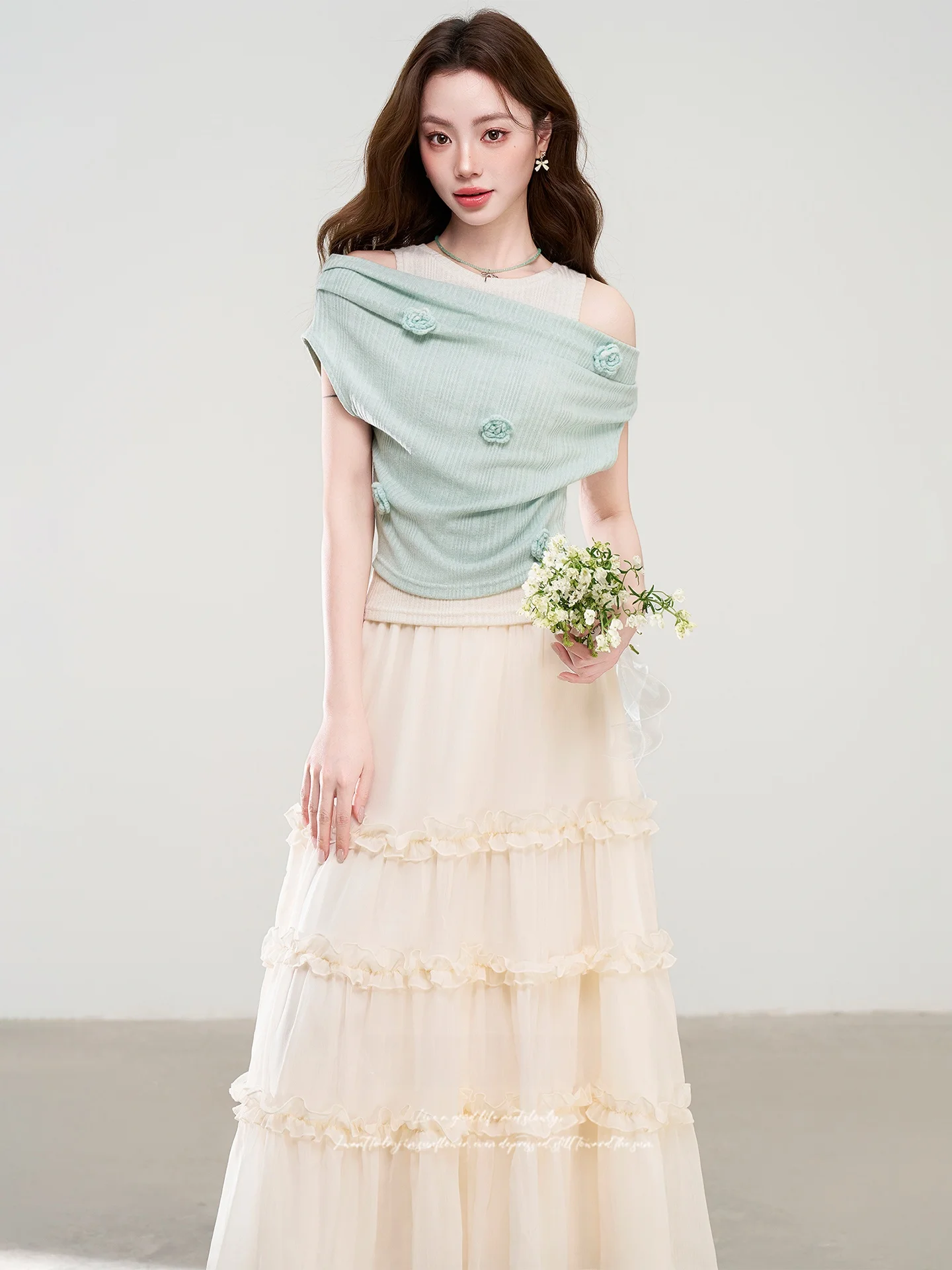 

Летний комплект в корейском стиле: вязаный топ на одно плечо и юбка-миди, женский модный ансамбль, дышащая одежда с коротким рукавом для повседневной носки