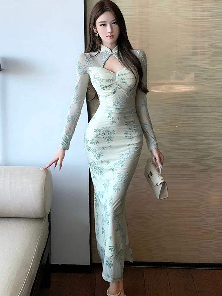 Women Green Print Mesh Long Sleeve Hollow Out Stand Collar Dress Autumn Winter Elegant Home Dress 2026 Korean Bodycon Prom Dress