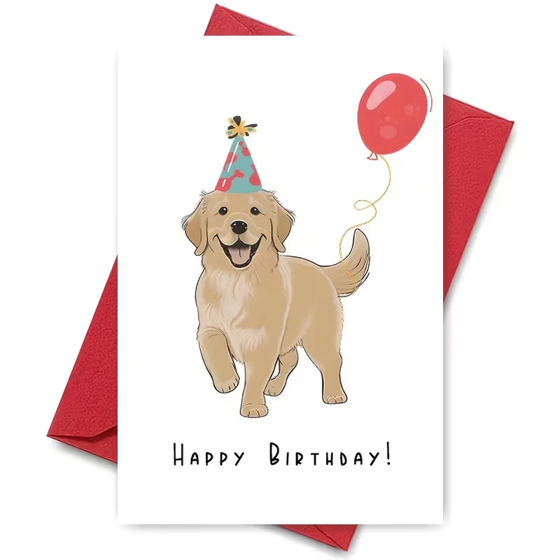 Niedliche Geburtstagskarte mit goldenem Retriever, Partyhut und rotem Ballon – inklusive rotem Umschlag. Perfekter Gruß mit Haustier-Motiv für alle Altersgruppen.