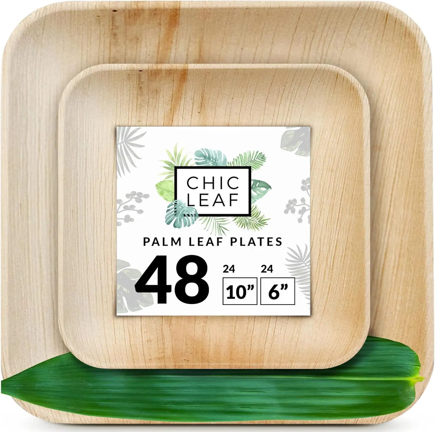 Chic Leaf Palm Leaf Plates Disposable Bamboo Plates Like 10 Inch And 6 Inch Square Party Pack (48 Pk) - 100% Compostable And