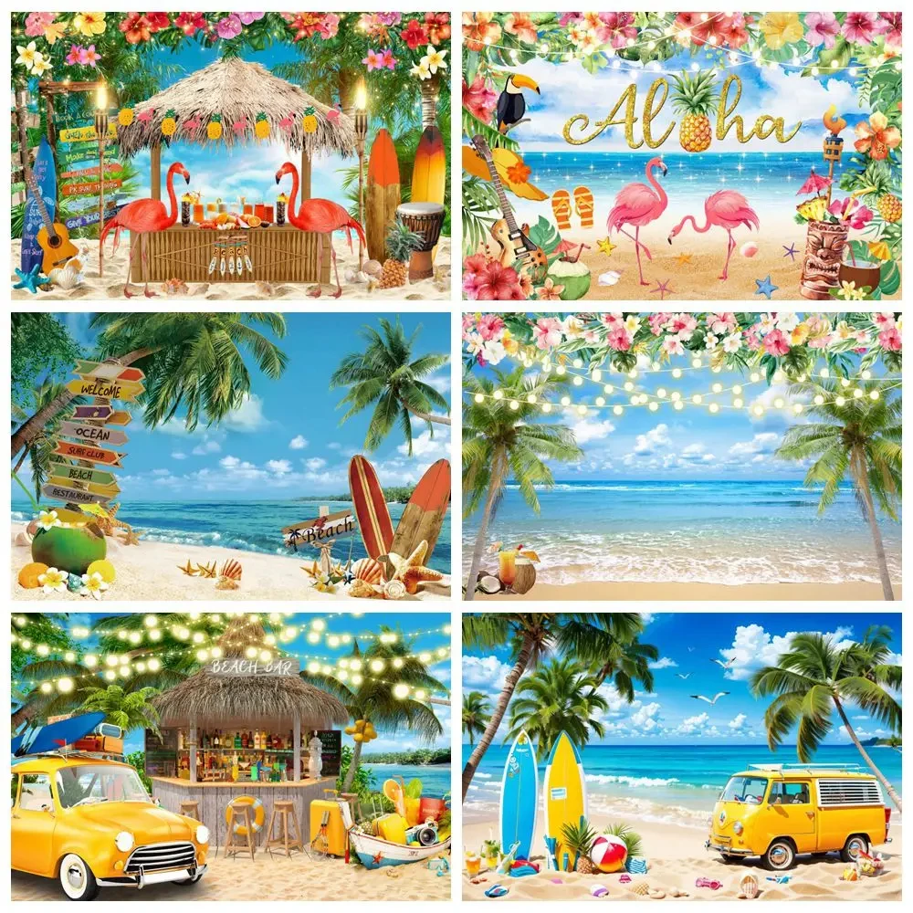 

Summer Tropical Beach Hawaiian Backdrop Aloha Luau Seaside Flamingo Ocean Surfboard Holiday PartyBirthday Photography Background