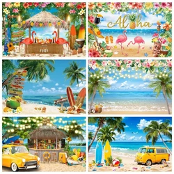 Toile de fond de plage tropicale d'été, toile de fond hawaïenne, rentabilité ha Luau, bord de mer, flamant rose, océan, planche de surf, fête de vacances, anniversaire, fond de photographie