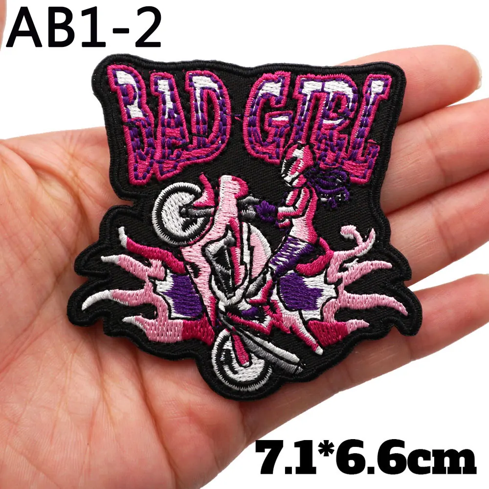 AB1-10 Lady Rider Embroidered Patches Motorcycle Knight Bad Girl Badge with Iron on Hook Backing for Clothing Applique