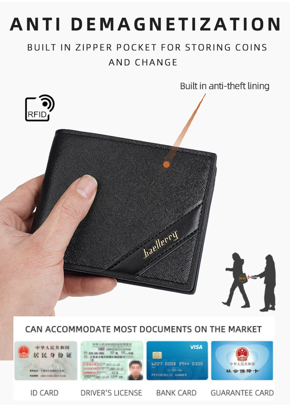Baellerry Herren-Geldbörse mit RFID-Blockierung, kurzes Bifold-Portemonnaie, hochwertiges, rutschfestes Leder, Kartenhalter mit Münzfach mit Reißverschluss, sicher M – Detail 3