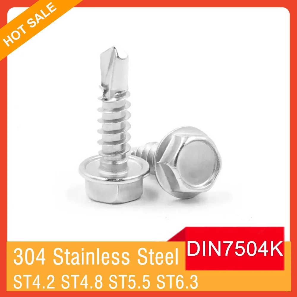 304 Stainless Steel DIN7504K M4.2 M4.8 M5.5 M6.3 Outer Hexagon Flange Head With Washer Self-Tapping Drilling Screw Bolt