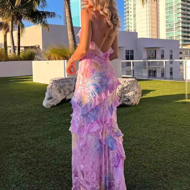 New Sexy V Neck Colorful Ruffle Sling Dress Women Spring Backless Boho Long Dress Summer Sleeveless Beach Holiday Dress Vestidos