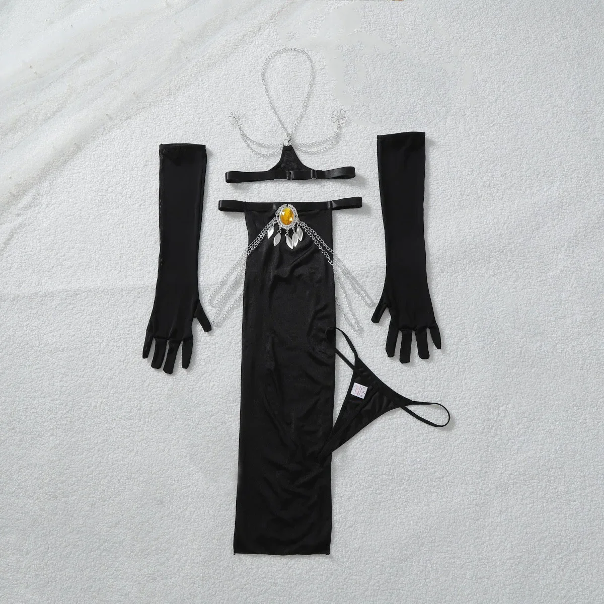 Chain Erotic set Hollow Out Women Satin Maxi Skirt Body Chain Long Gloves Thong Luxury Party Cosplay Sexy Lingerie