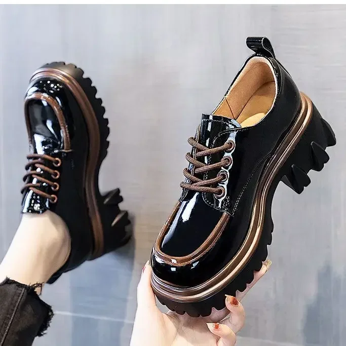 

British Style Chunky Platform Shoes Women 2024 Spring Autumn Lace Up Thick Heels Loafers Woman Round Toe Patent Leather Shoes