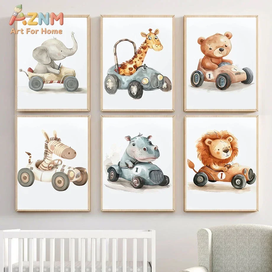 AZNM Cute Animals Race Car Canvas Wall Art Elephant Giraffe Bear Zebra Hippo Lion Driving Vintage Car Print Poster Watercolor Ar