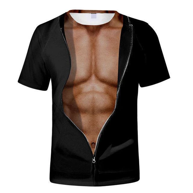 Men\'s 3D Muscle Printed Short Sleeve Shirt Novelty Simulation Body Shirts Muscular Tough Guy T-Shirt Toned Body Tops