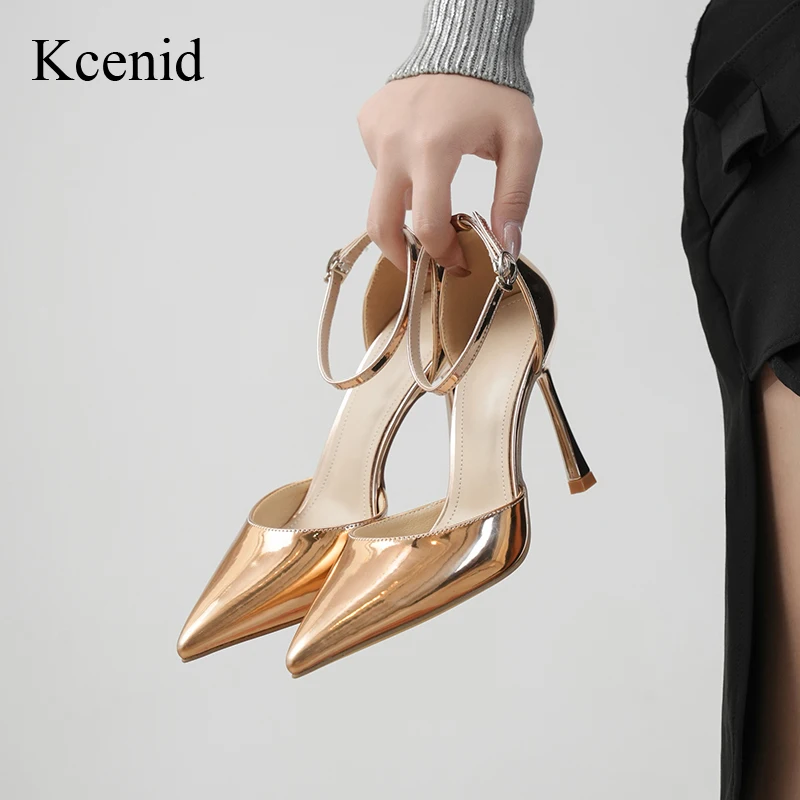 Kcenid Street Style Summer Pointed Toe Women Pumps Concise Ankle Buckle Strap Thin High Heels Sexy Patent Leather Party Shoes