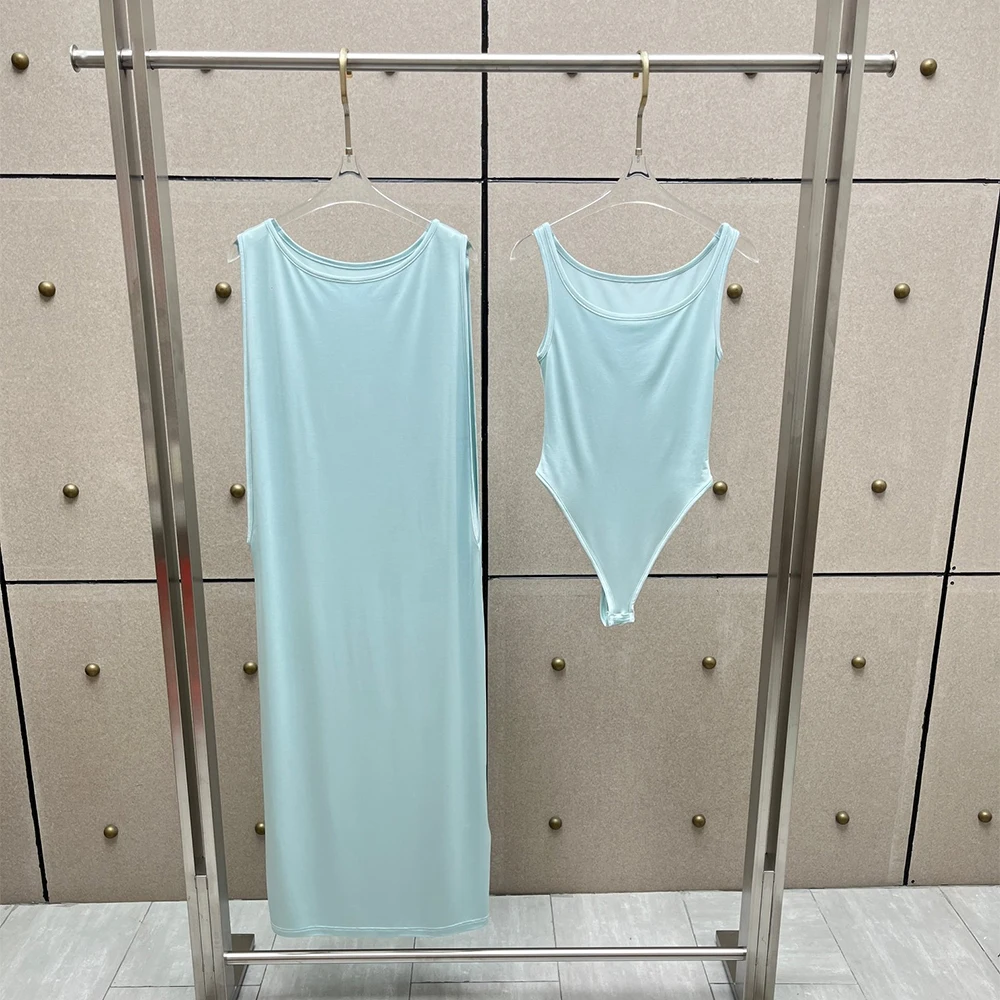 Ladies Sleeveless Round Neck Loose Split Long Dress Matching Tank Bodysuit Two Piece Set Lounge Beach Daily Women Outfit