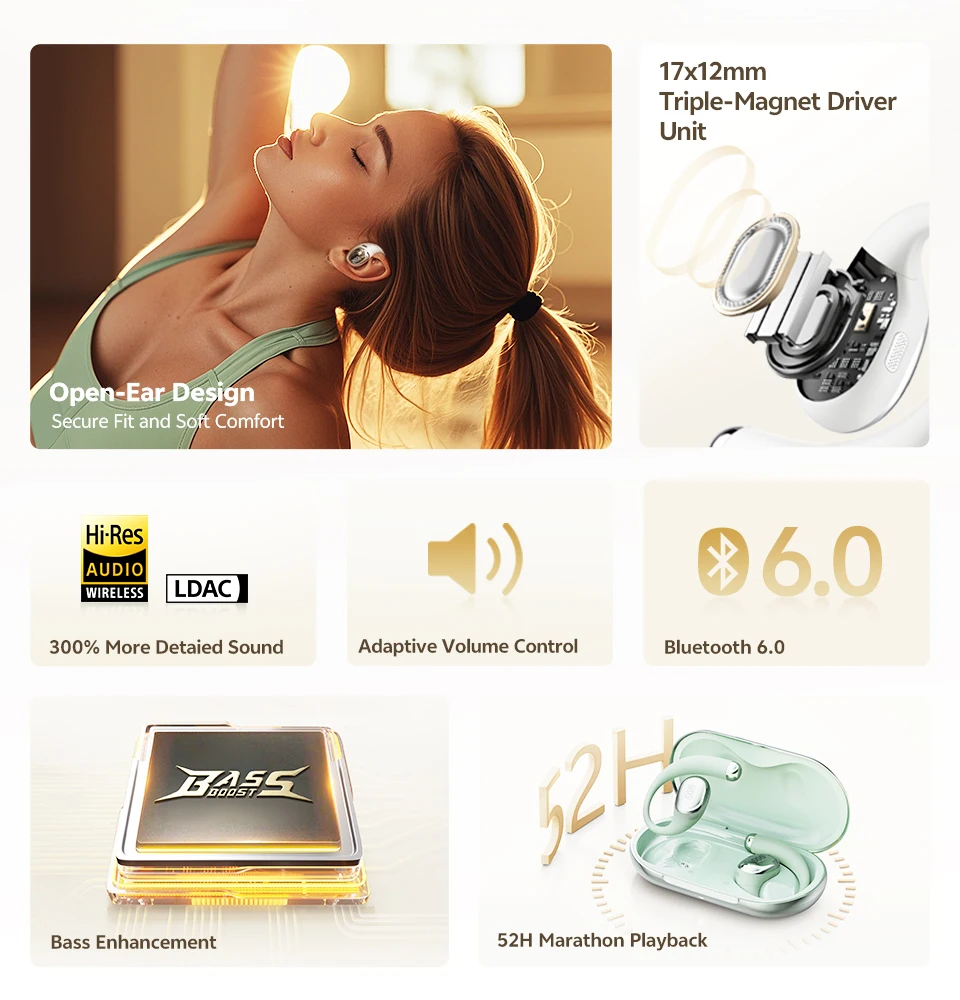 QCY Crossky R70 Open-Ear-Funkkopfhörer, Hi-Res LDAC Audio, Bluetooth 6,0-Kopfhörer, 4 Mikrofone, HD-Anruf, IPX5-Ohrbügel, Sport-Ohrhörer – Detail 2