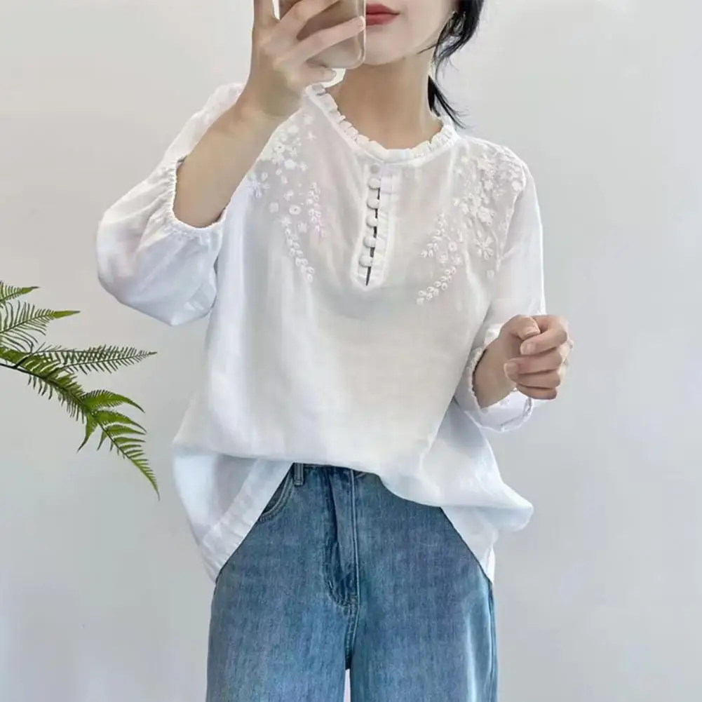 Autumn Summer Blouses Casual Women Shirts Solid Color 3/4 Sleeve Buttons Cotton Linen Blusas Buttons Solid Top Casual Tunic 2024