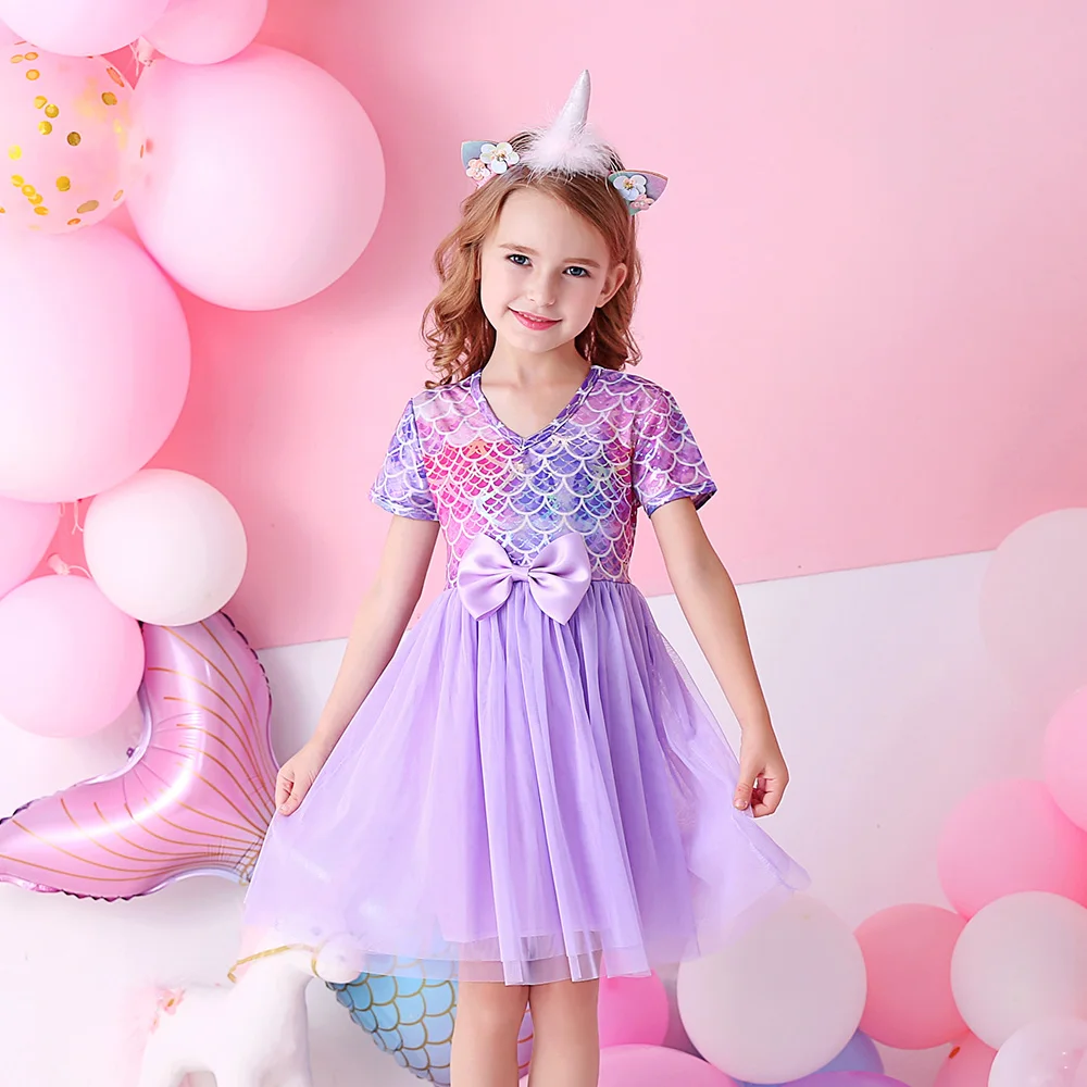 VIKITA Girls Mermaid Print Dress Kids Short Sleeve Summer Dresses with Bow Knot Girls Birthday Party Prom Gown Princess Dresses