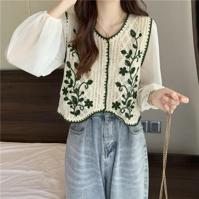 Summer Knitted Cardigan Women\'s Lace Shirt Long Sleeve Short V-neck Chiffon Top Vintage Clothes for Women Tops Shirts Blouses