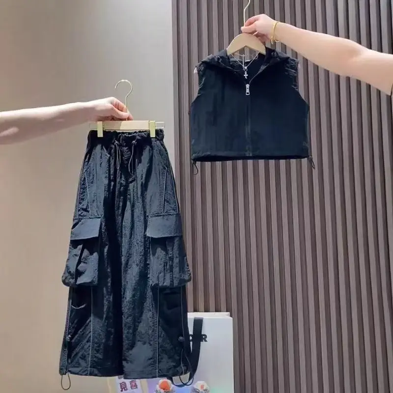 

Teenage Girls' Clothing Set Summer 2025 New Children's Sleeveless Hooded Jacket+Wide Leg Pants Two Piece Set 120-170cm Trend