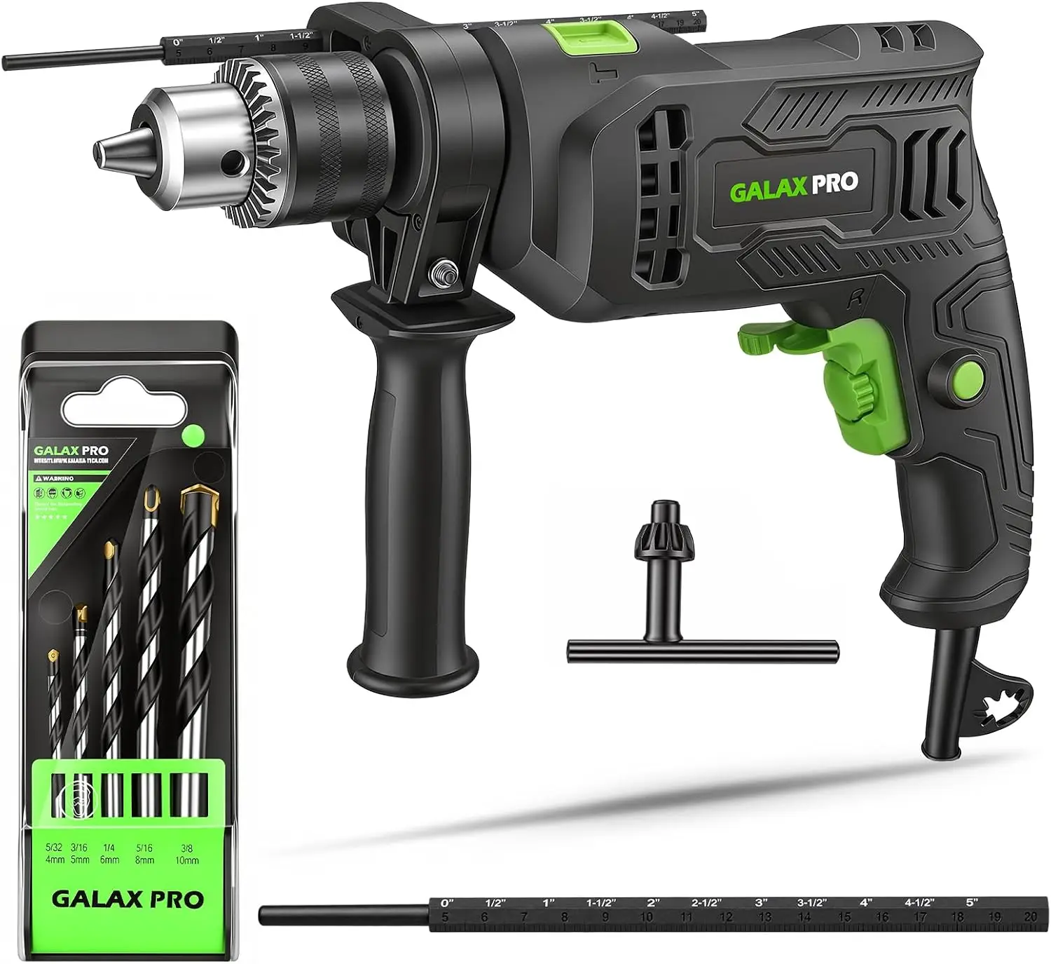 GALAX PRO 4.5Amp 0-3000RPM Corded Hammer Drill with 12 Variable Speed Hammer and Drill 2 Functions in 1 with 5pcs Bit, 1/2 Inch Keyed Metal Chuck, 360°Rotating Handle