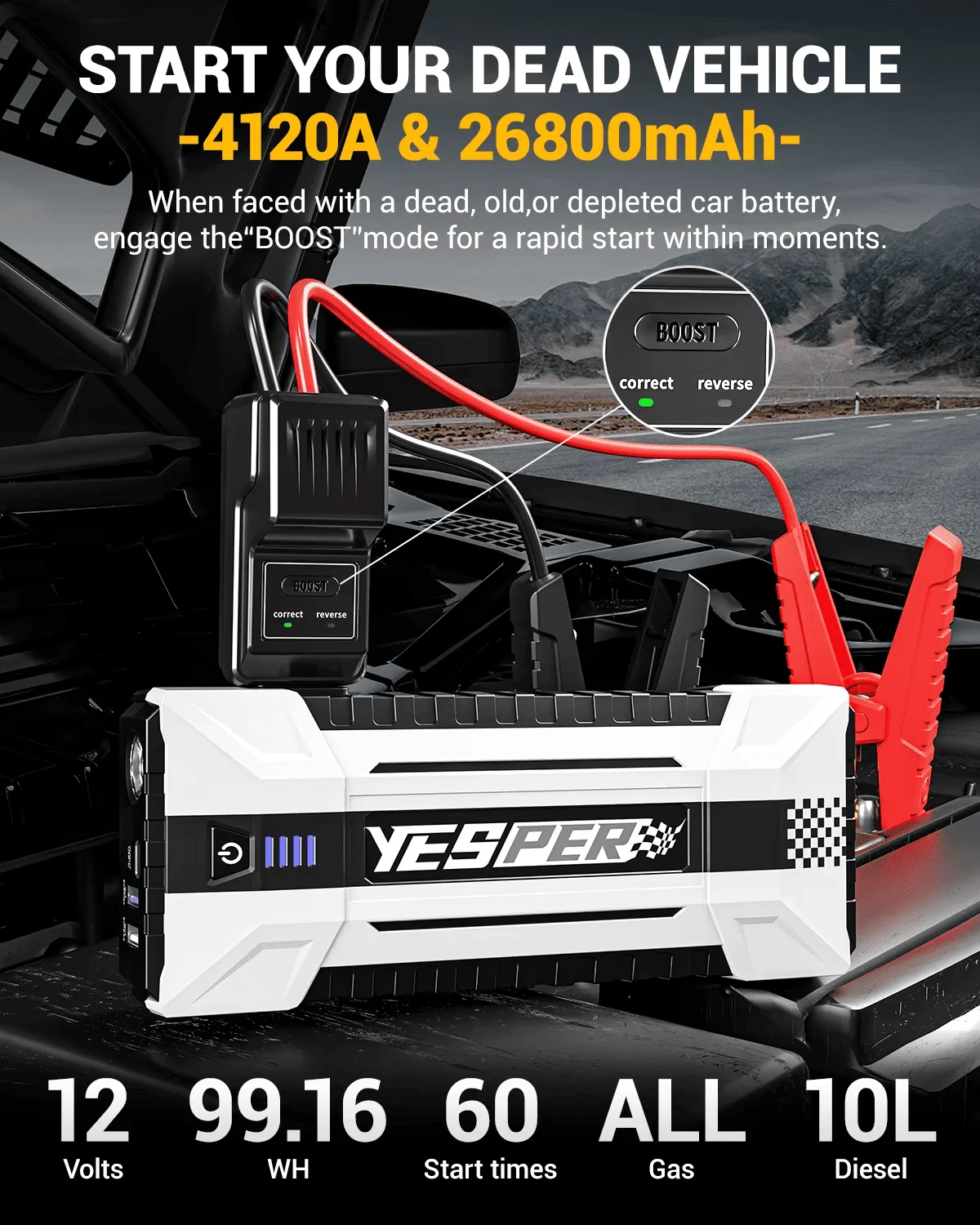 YESPER 4120A 26800mAh Jump Starter Portable, 12V Car Booster Pack with Case & Cables, Safe Spark-Proof for All Gas & 10L Diesel