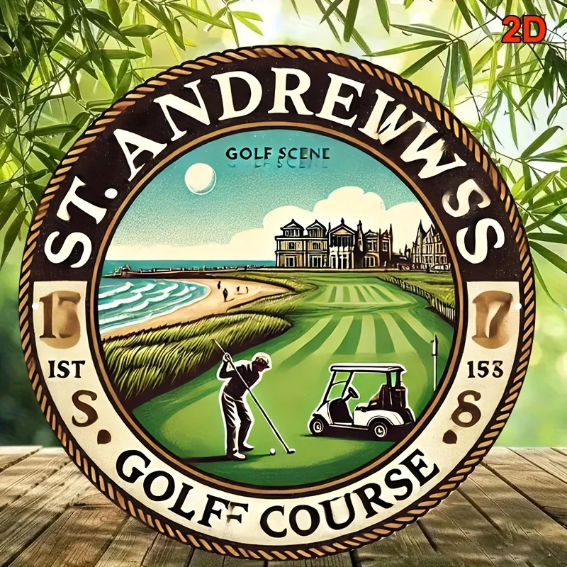 Andrews Golf Course Vintage Metal Wall Sign_Perfect for Durable Aluminum Round Signs with a Vintage Brown Golf Course Design