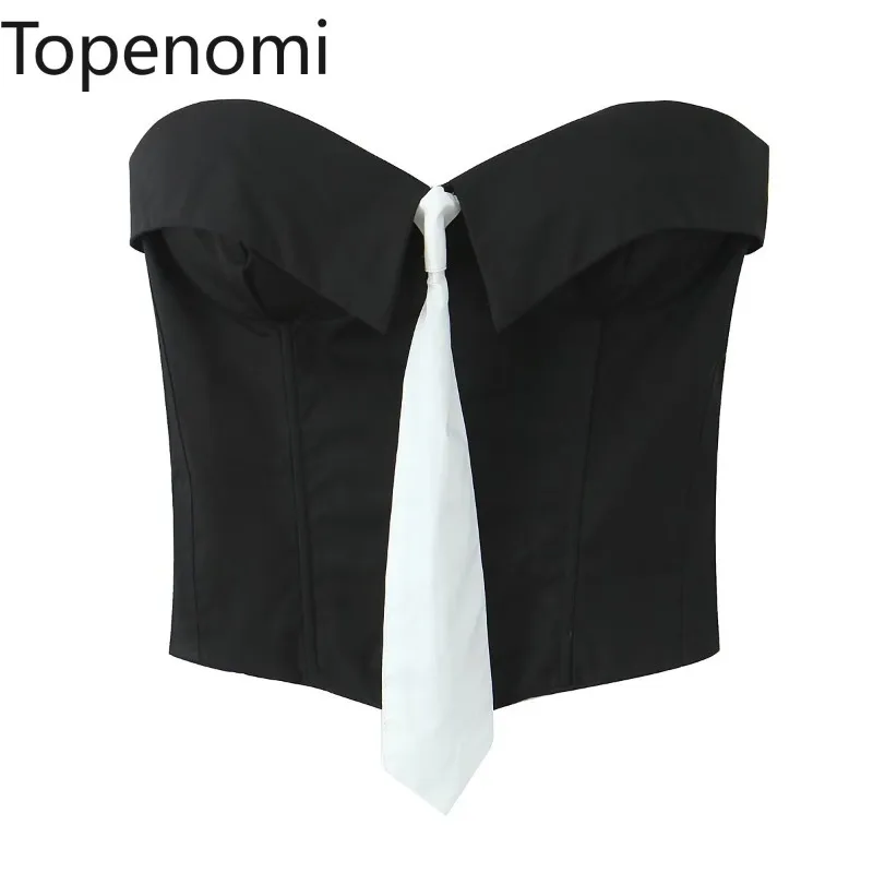 Topenomi Corset Top Women French Elegant Sleeveless Tie Strapless Tops 2025 New Sexy Slim Patchwork Design Party Tank Streetwear