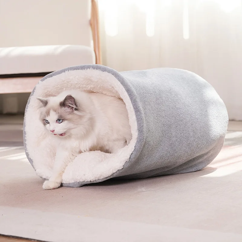 Winter Warm Bed for Cats Comfortable Thick Fleece Semi-enclosed Sleeping Bag Soft Grey House Blue Sofa for Kittens in Autumn