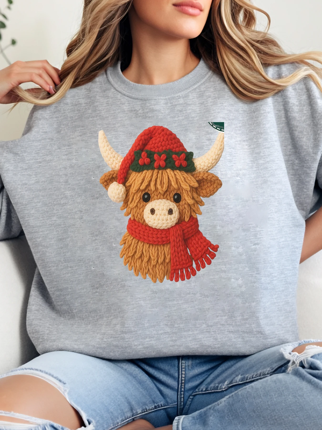 البقرة لديك نفسك موي ليتل عيد الميلاد طباعة البلوز المرأة عطلة ملابس غير رسمية رمادي حجم كبير #1