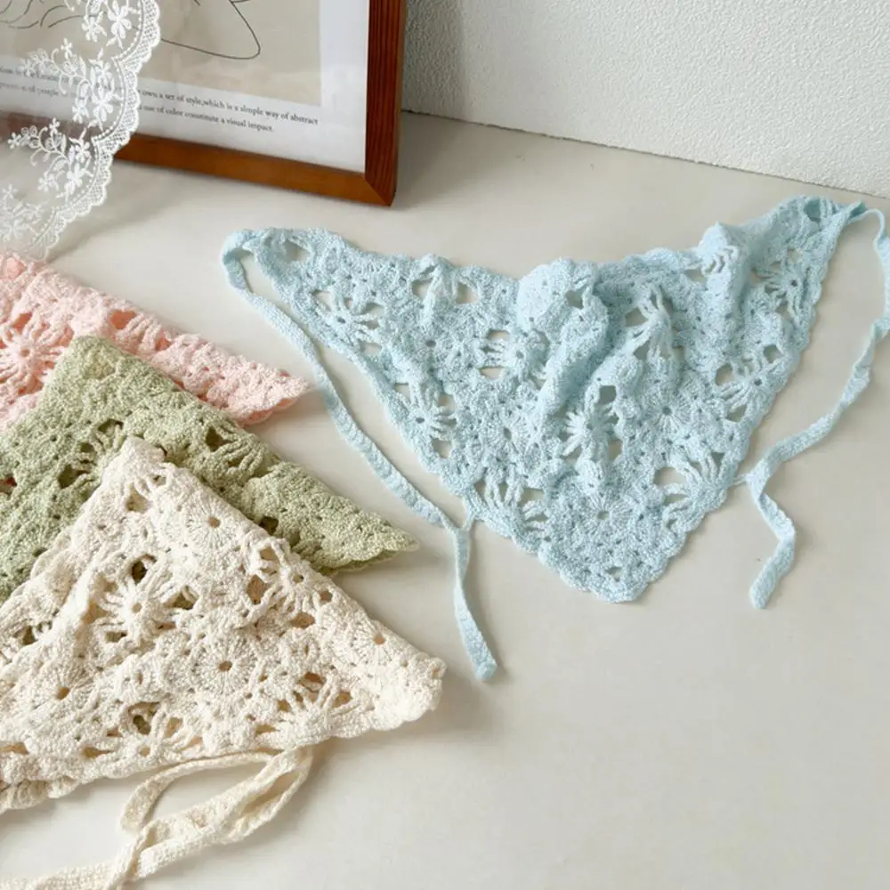 

French Pastoral Style Triangle Headscarf Headband Crochet Hair Scarf Hollow Out Knitted Head Band Towel Retro Flower Hairbands