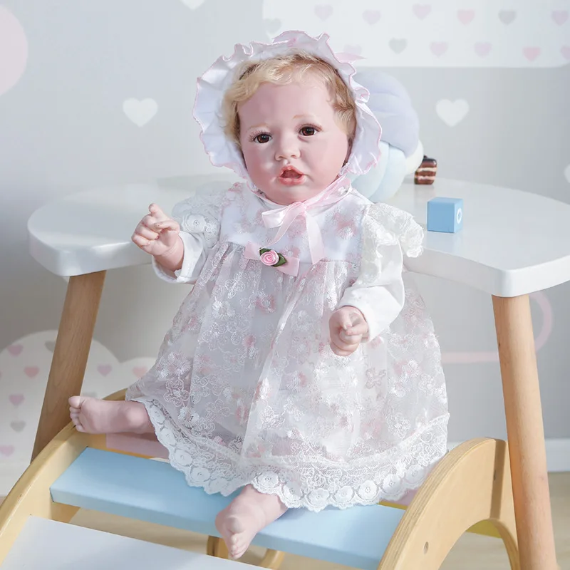 Lifelike Reborn Baby Doll Full Soft Silicone Body Alive Blond Hair Newborn Bebe Lovely Dress Up Toy Birthday Gift Waterproof Toy