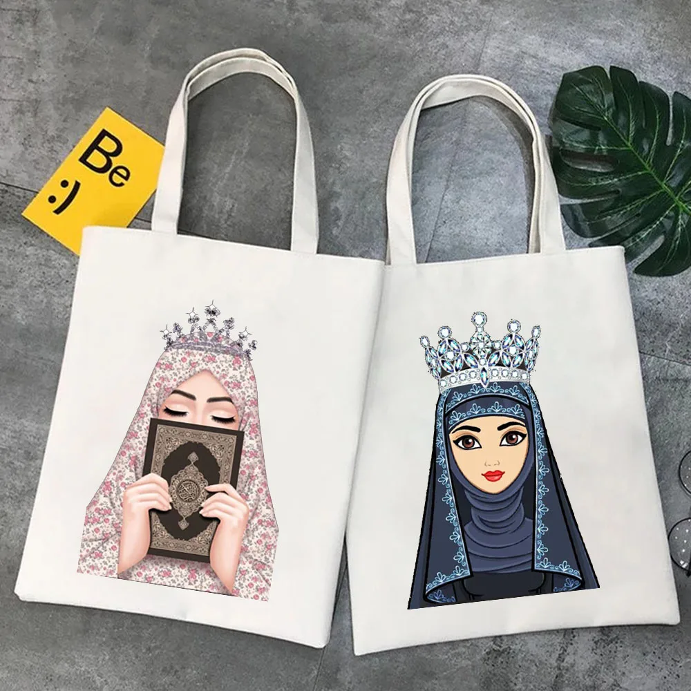 Luxury Arabic Woman Crown Hijab Face Muslim Islamic Eyes Cover Canvas Shoulder Harajuku Handbags Totes Eco Shopper Shopping Bags