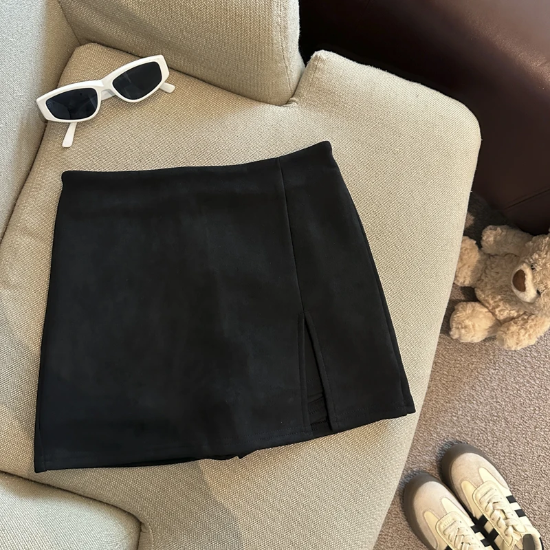 Koreaanse Eenvoudige Vrouwen Zwart Sexy Wrap Hip Korte Rokken Herfst Winter Bruin Hoge Taille Ritsen Half Mini Rok Kantoor Dames 2025