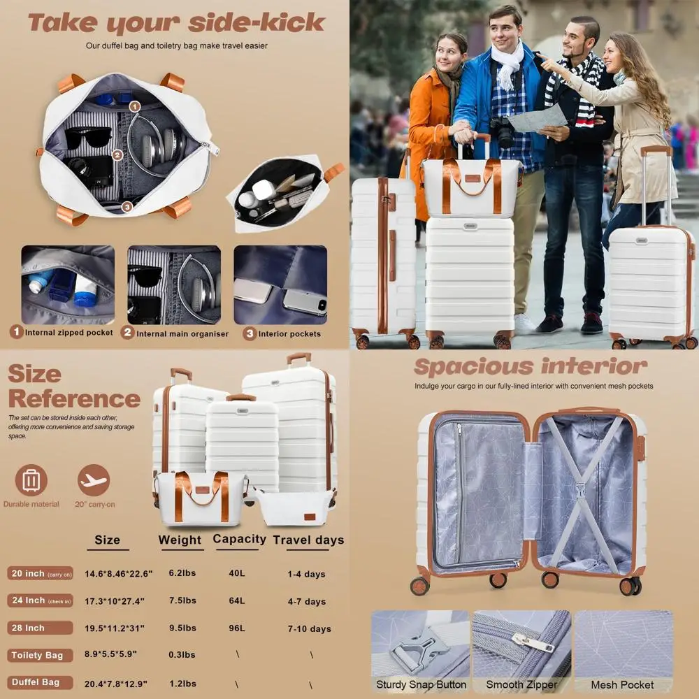 

5-Piece ABS Hardshell Luggage Set with 4 Wheels, TSA Lock, and Carry-On Suitcase in White and Brown for Travel