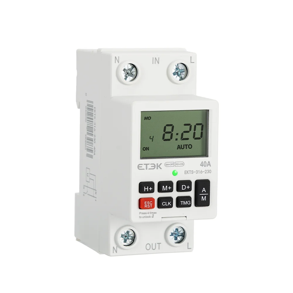 ETEK-Relais Intelligent Programmable avec Batterie, Compte à Rebours de 7 Jours, Rail Din, Hebdomadaire, Heure, 220V, 40A, 2P, EKTS316