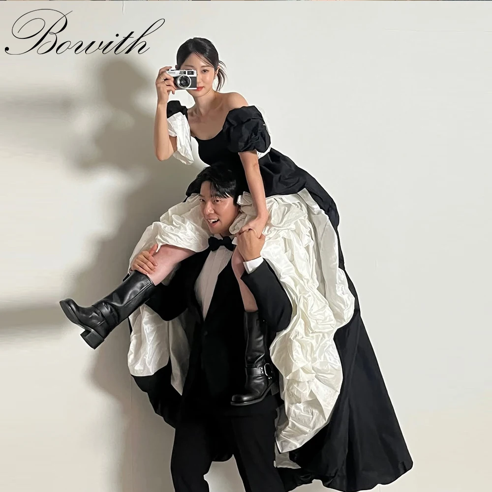 Bowith Korean Wedding Dresses A-line Customized Puff Sleeves Black and White Bridal Gown Korean Evening Dresses