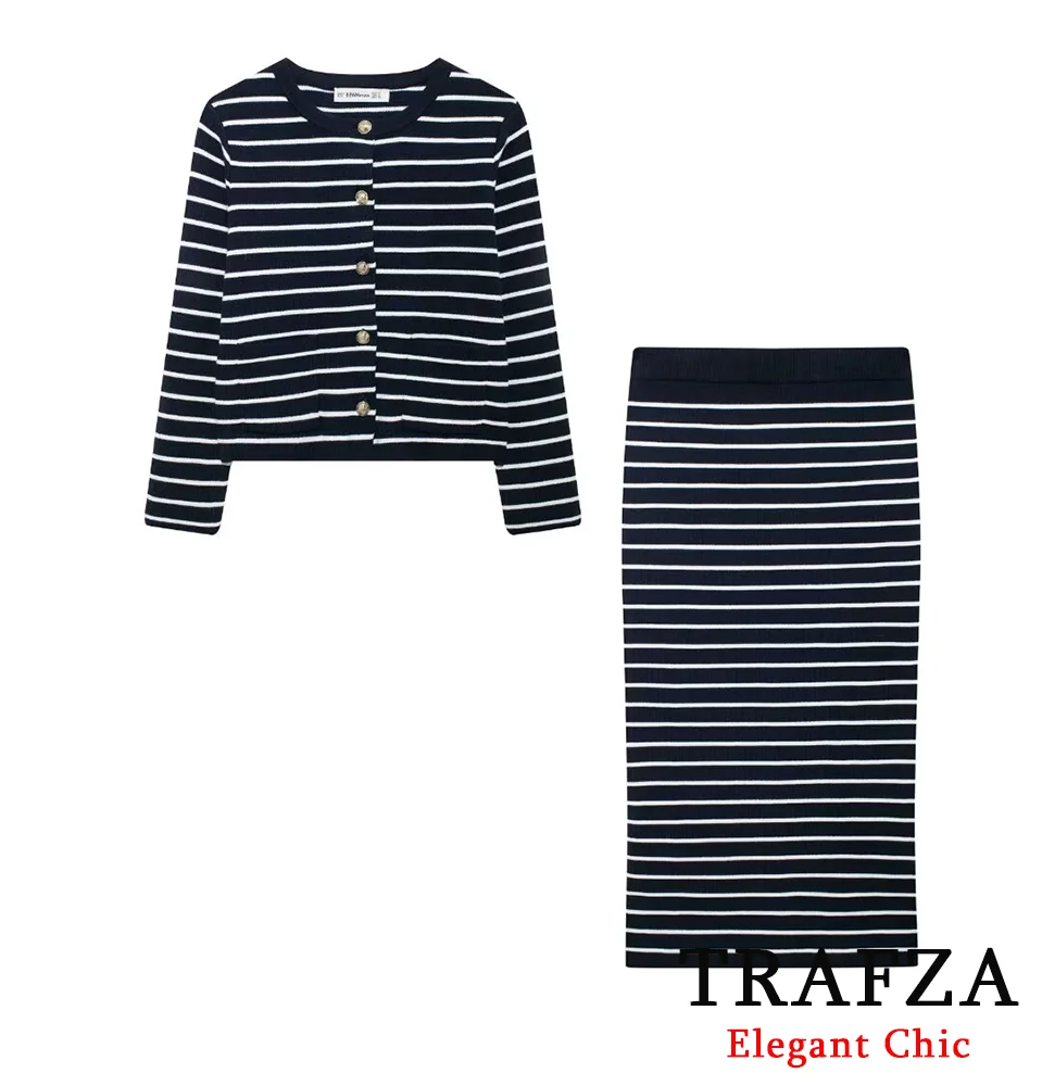 TRAFZA-Women Fashion Knitted Skirt Set Striped Button Top and Midi Skirt New 2024 Spring Autumn Fall Elegant Modern Set