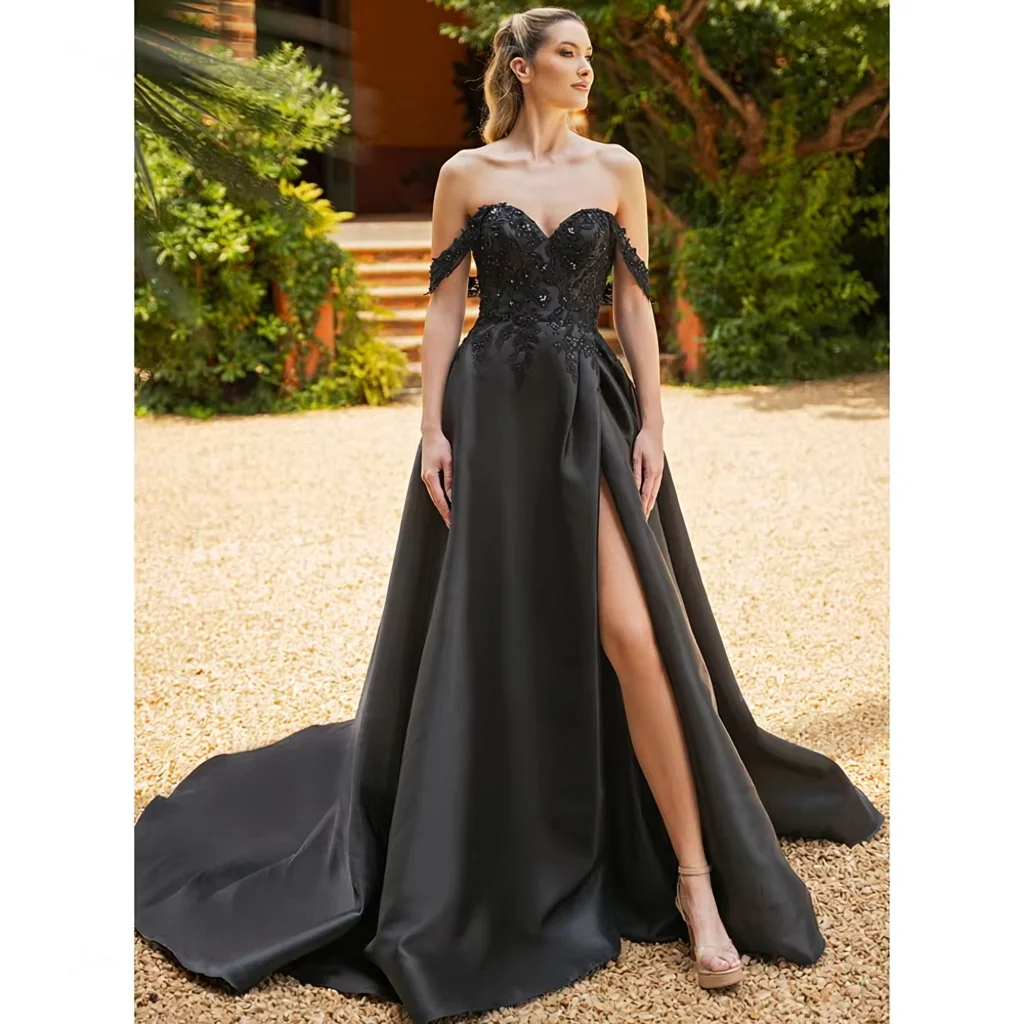2026 Off Shoulder Black Satin Wedding Dresses a Line Bridal Gowns With Lace Appliques High Slit Long Train Gothic Style Dress