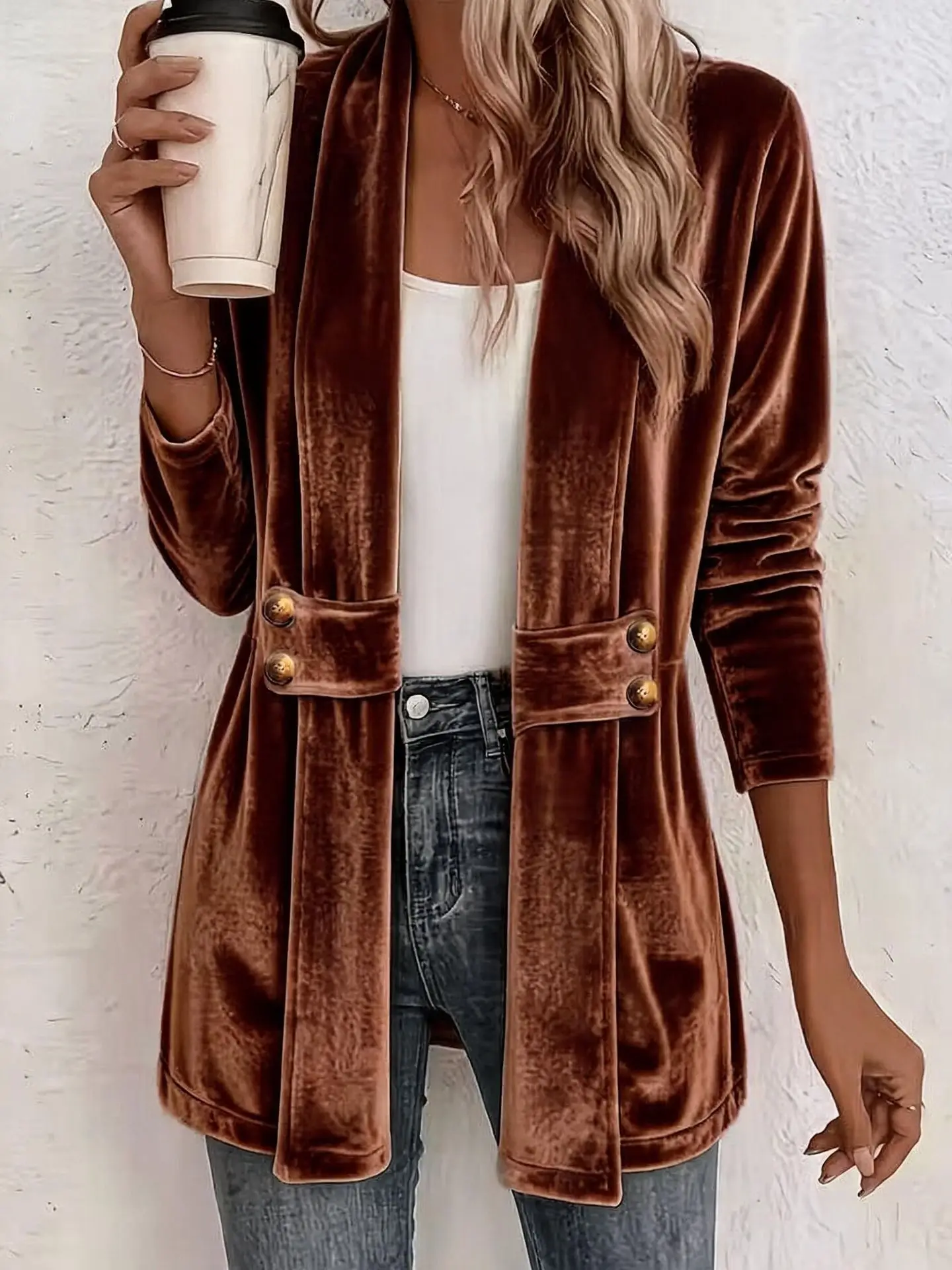 Women Velvet Open Front Cardigan, Long Sleeve Mid Length Coat, Button Decor, Casual Outfit for Daily & Office