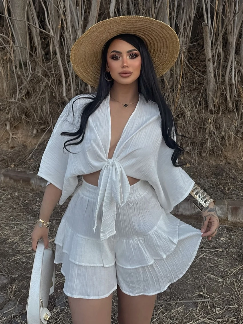 Marthaqiqi Loose Women Sleepwear Set Half Sleeve Pajamas V-Neck Nightwear Crop Top Nightie Shorts Ladies Nightgowns 2 Piece Suit