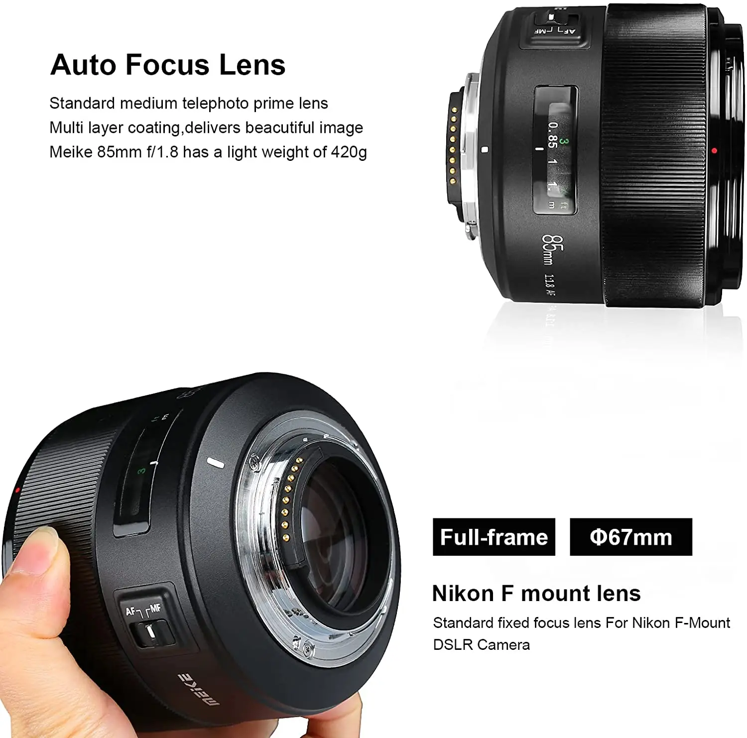 Meike 85mm F1.8 Wide Aperture Full Frame Auto Focus Telephoto Lens for Nikon F Mount DSLR Camera D610 D750 D780 D810