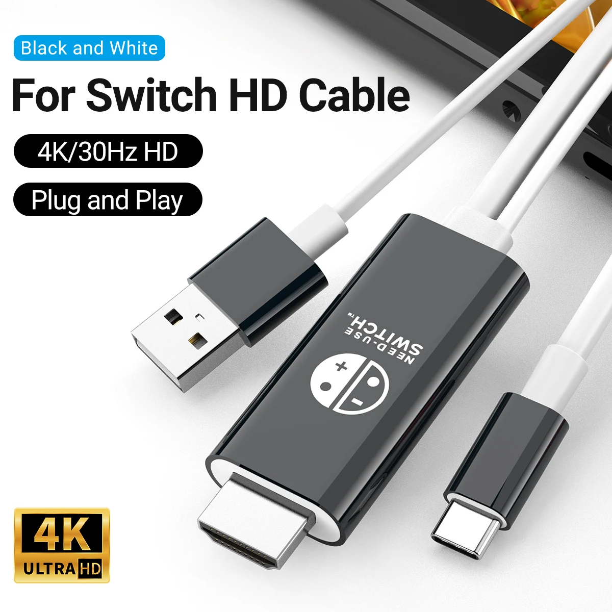 

4K30Hz USB C+USB A To HDMI Cable 2M/78.74In Black And White Plug & Play Type-C To HDMI Adapter For Switch,Laptop,Steam Deck