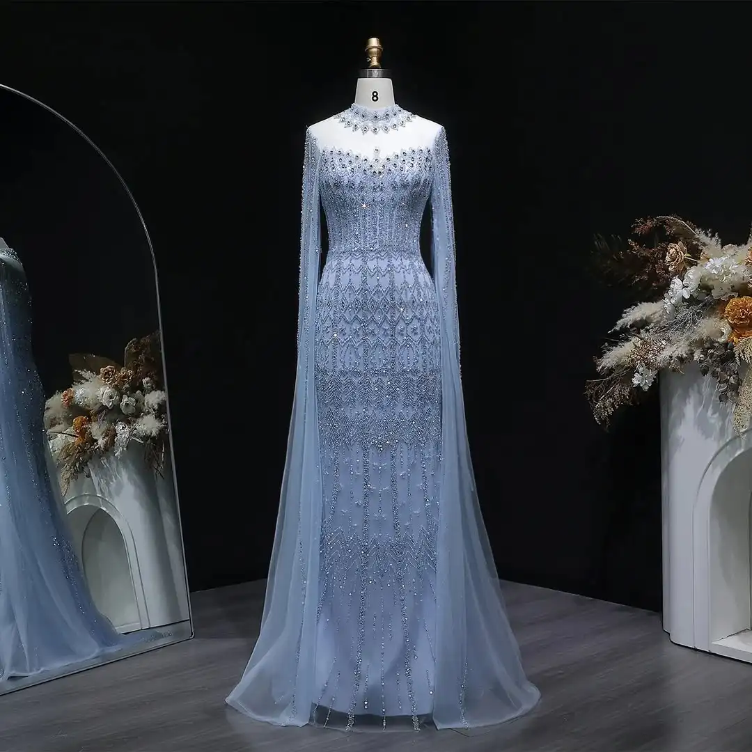 

Luxury Design Mermaid High Neck Cape Rhinestone Sequins Beading Detail Mesh Fabric Saudi Arabia Evening Prom Formal Party Gown