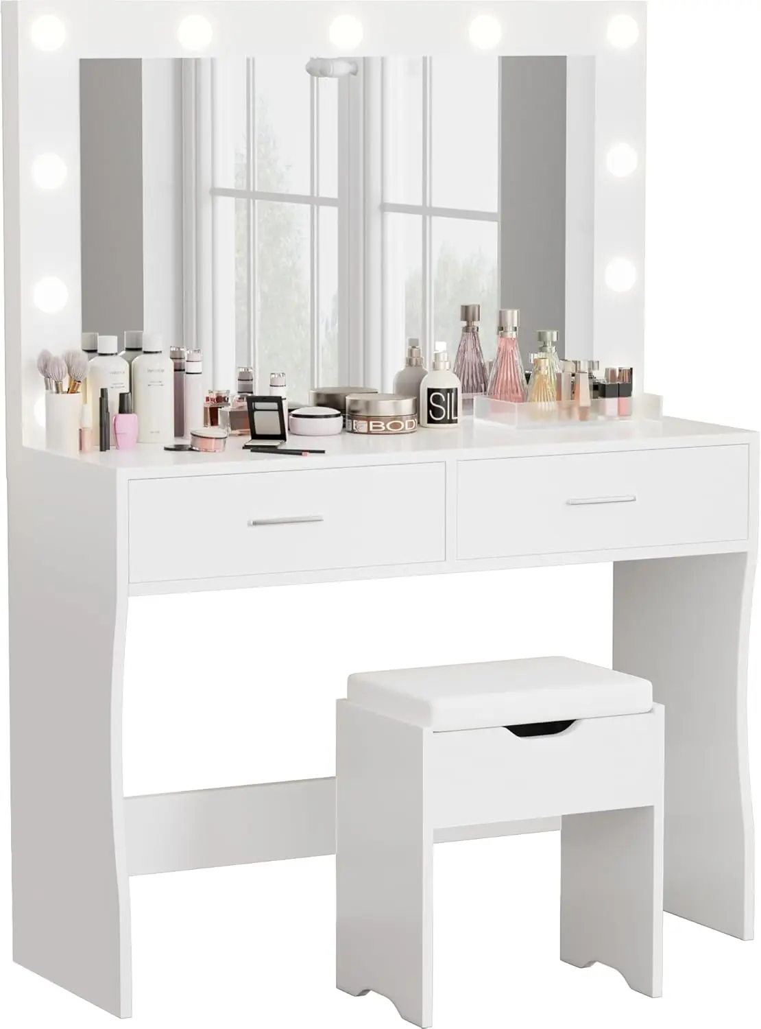 

Vanity Desk Set with Large Lighted Mirror, 35.4 Inch Makeup Vanity Table with 2 Drawers, Cushioned Storage Stool, 3 Light