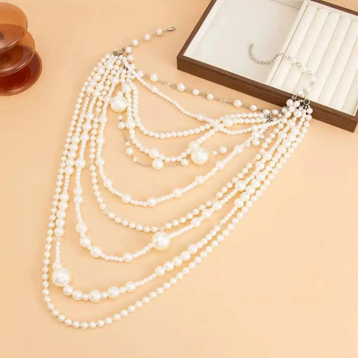 KunJoe Übertriebene mehrschichtige Imitation Perle Halsband Halskette Frauen Luxus Lange Quaste Anhänger Pullover Kette Braut Mi Schmuck – Detail 5