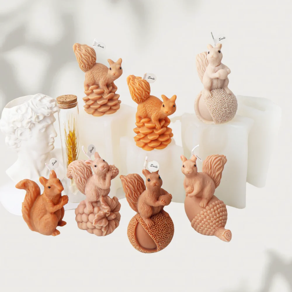 3D-Eichhörnchen, stehend auf Tannenzapfen, Kerzenform, Silikon-Eichhörnchen mit Kastanie, Kirsche, Gips, Ton, Harzform, Tierliebhaber-Dekoration