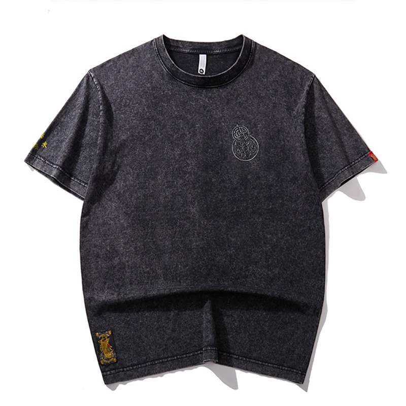 Lyprerazy Chinese Style Chinese Characters Happy and Rich Life Gourd Embroidery Short-sleeved Men's T-shirt Casual Cotton Tee