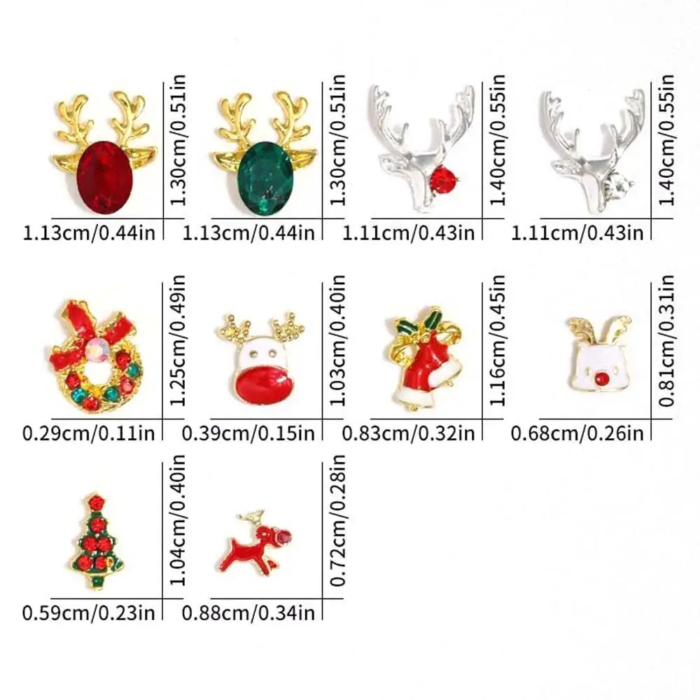 Desenhos animados Elk Natal unhas Decorações, Natal Árvore Doce Shaped, Strass Liga, Xmas Nail Charms, 10pcs por conjunto