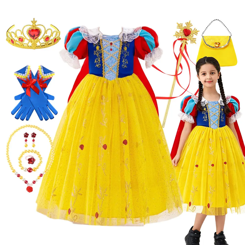 Girls Snow White Gorgeous Princess Costume With Cape Fantasy Birthday Ball Gown Toddler Christmas Halloween Purim Cosplay Dress