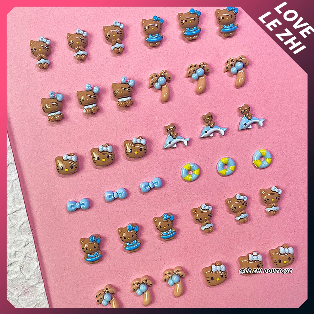 20Pcs Black Skin Blue Hello Kitty Nails Art Charms 3D Resin Summer Beach Travel Vacation Kt Diy Handwork Nails Decals Decoration